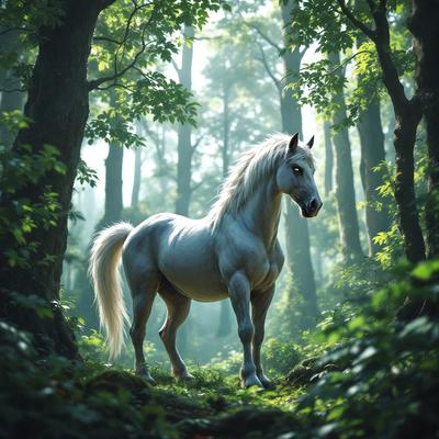 The primary subject of the image is a white horse standing in a forest. The horse is positioned in the center of the scene, surrounded by trees. The setting is a lush green forest, with the horse being the main focus of the image. The visual style appears to be a digital art or illustration, creating a vibrant and detailed scene. The colors and mood of the image are predominantly green, with the horse's white color contrasting beautifully against the forest backdrop.